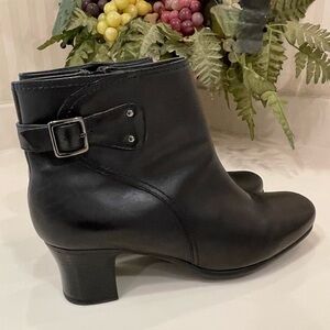 Clarks Black Leather Side Zip Ankle Boots With Buckle Detail